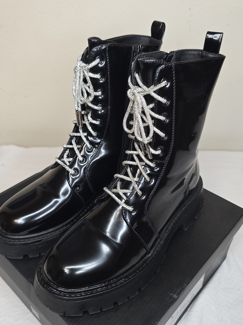 Black Patent Combat Boots Women's Size 10 Rhinestone Laces NEW